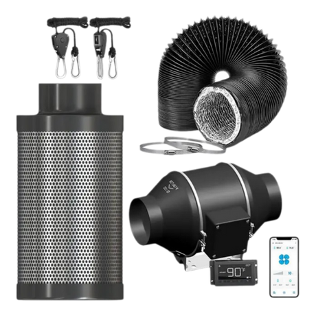 4 Zoll Rohrventilator mit Kohlefilter-Kit (30W, 3000 U/min, 212 CFM) für effiziente Belüftung in Hydroponik-Umgebungen. Geräuscharmer Betrieb (28 dB), WLAN-Steuerung, kompakt und langlebig für optimale Luftzirkulation und Geruchsbeseitigung.