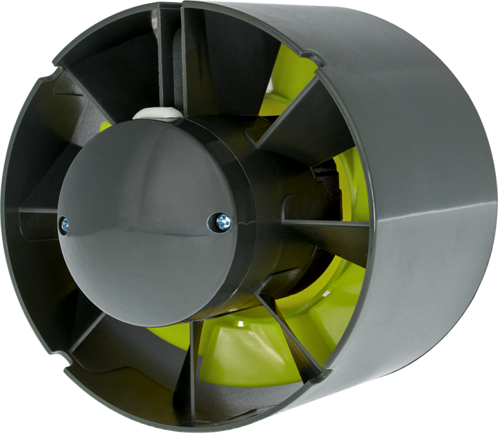 Schrägansicht eines 100 mm Garden Highpro Axiallüfters mit sichtbarer Verschraubung und gelben Lüfterblättern zur effizienten Luftzirkulation in Growräumen.