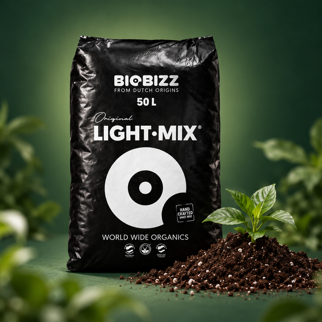 BioBizz Light-Mix 50 Liter neben Pflanzenerde und einer jungen Pflanze.