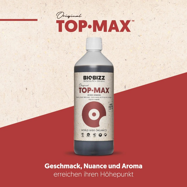 BioBizz Top·Max Produktfoto mit Slogan – Geschmack, Nuance und Aroma auf Höchstniveau.