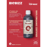 BioBizz Top·Max Infografik – Vorteile durch Humin- und Fulvosäuren, Nährstoffaufnahme und Hydro-Kompatibilität.