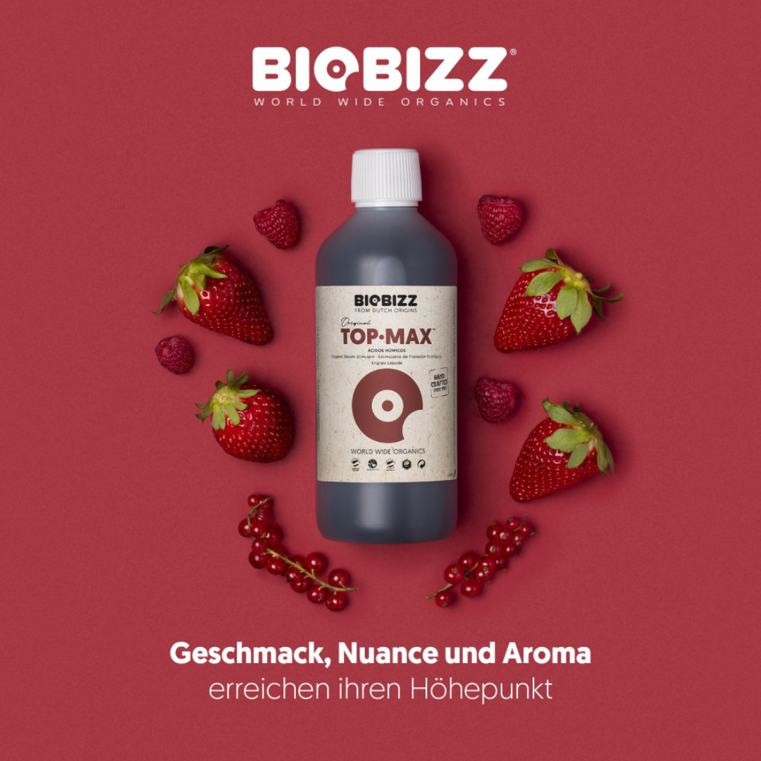 BioBizz Top·Max Flasche mit Früchten (Erdbeeren, Johannisbeeren) – betont verbesserten Geschmack und Aroma.