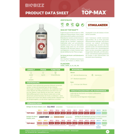 BioBizz Top·Max Produktdatenblatt – Details zu Anwendung, Dosierung, Eigenschaften und Phasen.