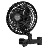 Clipventilator mit zwei hervorgehobenen Funktionen – starker Clip zur Befestigung an Zeltstangen und zwei Geschwindigkeitsstufen, daneben die Produktverpackung