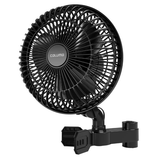 Clipventilator mit zwei hervorgehobenen Funktionen – starker Clip zur Befestigung an Zeltstangen und zwei Geschwindigkeitsstufen, daneben die Produktverpackung