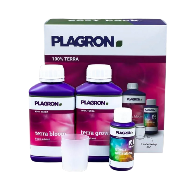 Plagron Easy Pack 100% Terra Starterset mit Terra Grow, Terra Bloom, Green Sensation und Messbecher