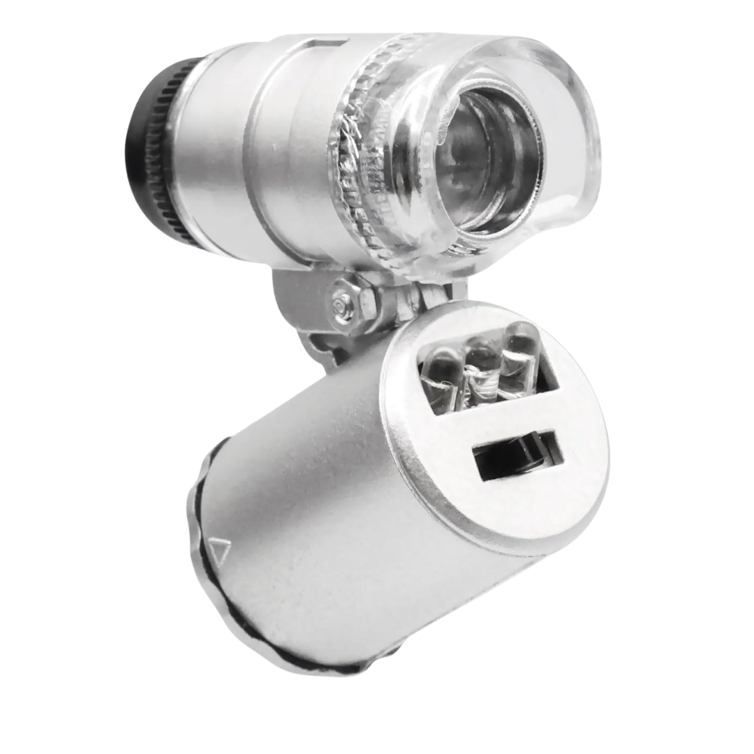 „Nahaufnahme des 60x Mini-LED Mikroskops mit transparenter Linse und LED-Lichtquelle.“