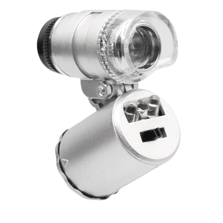 „Nahaufnahme des 60x Mini-LED Mikroskops mit transparenter Linse und LED-Lichtquelle.“