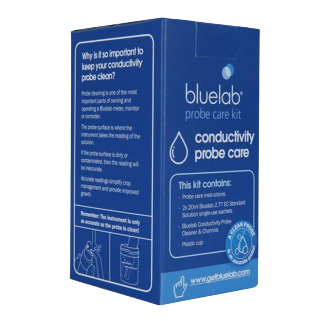 Verpackung des Bluelab Conductivity Probe Care Kits mit Inhaltsangaben und Pflegehinweisen