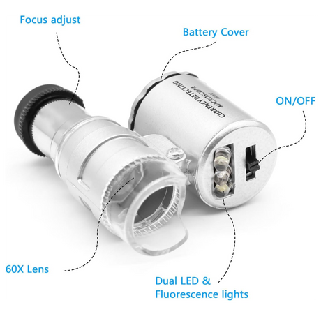 „60x Mini-LED Mikroskop mit Beschriftungen: Fokuseinstellung, Batteriefach, On/Off-Schalter, LED- und UV-Licht.“