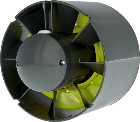 Diagonale Perspektive des Garden Highpro 125 mm Axiallüfters – mit stabilem Gehäuse und grünem Lüfterrad.