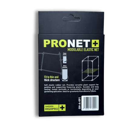 Seitenansicht der Garden HighPro Pronet Verpackung mit Angaben zu 64 Feldern und Growflächen bis 150 × 150 cm