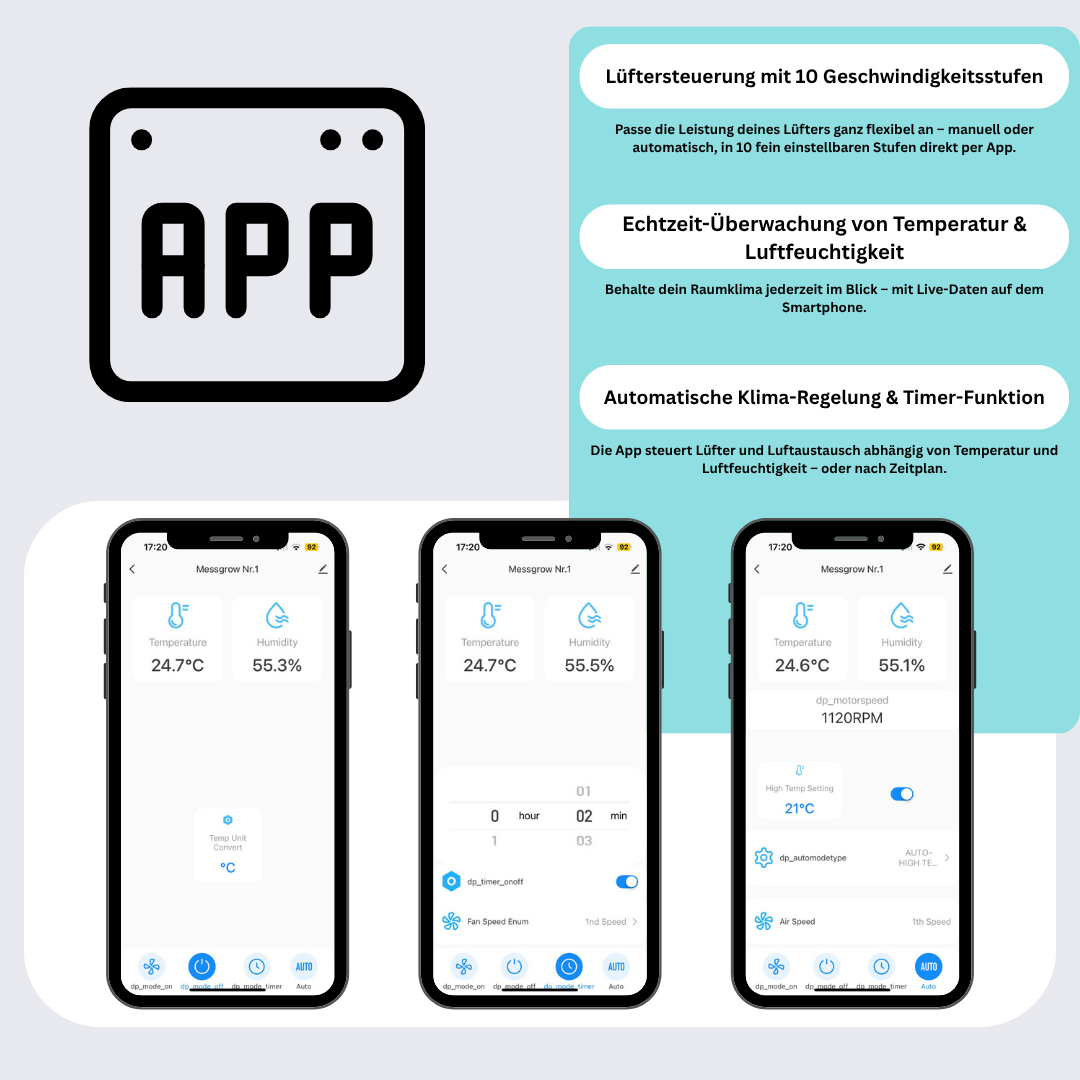 Smartphone-App zur präzisen Lüftersteuerung – 10 Leistungsstufen, Timerfunktion & Live-Überwachung von Temperatur & Feuchte.