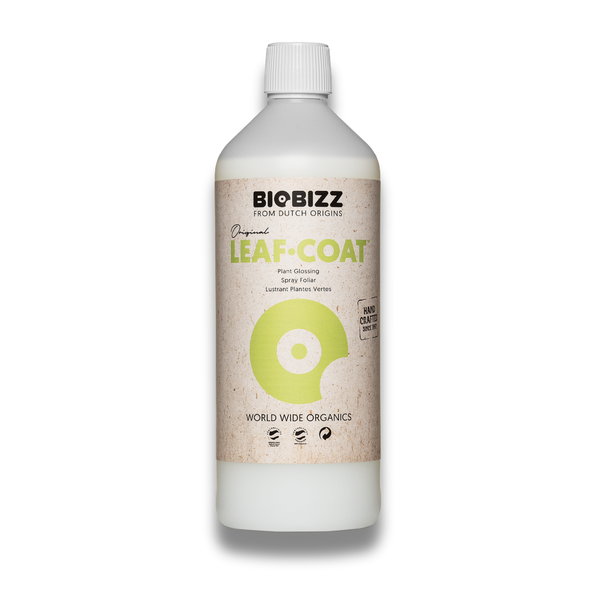 BioBizz Leaf·Coat in der weißen 1-Liter-Flasche mit grünem Etikett und leichtem Schatten vor weißem Hintergrund.