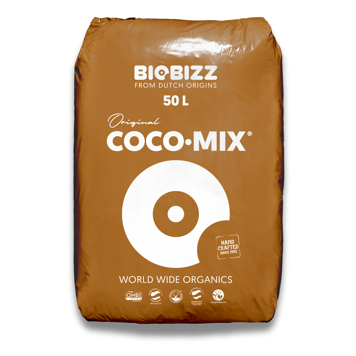 BioBizz Coco Mix 50 L Kokossubstrat in brauner Originalverpackung vor schwarzem Hintergrund