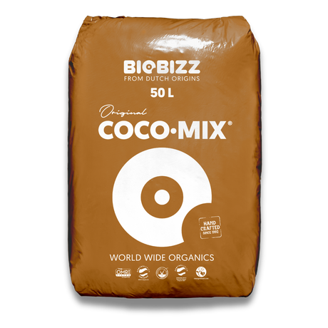 BioBizz Coco Mix 50 L Kokossubstrat in brauner Originalverpackung vor schwarzem Hintergrund