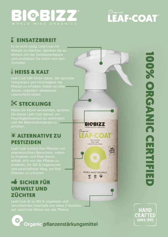 BioBizz Leaf-Coat mit Sprühkopf, hervorgehobene Vorteile wie Temperaturausgleich, Stecklingsschutz & Pestizidalternative.