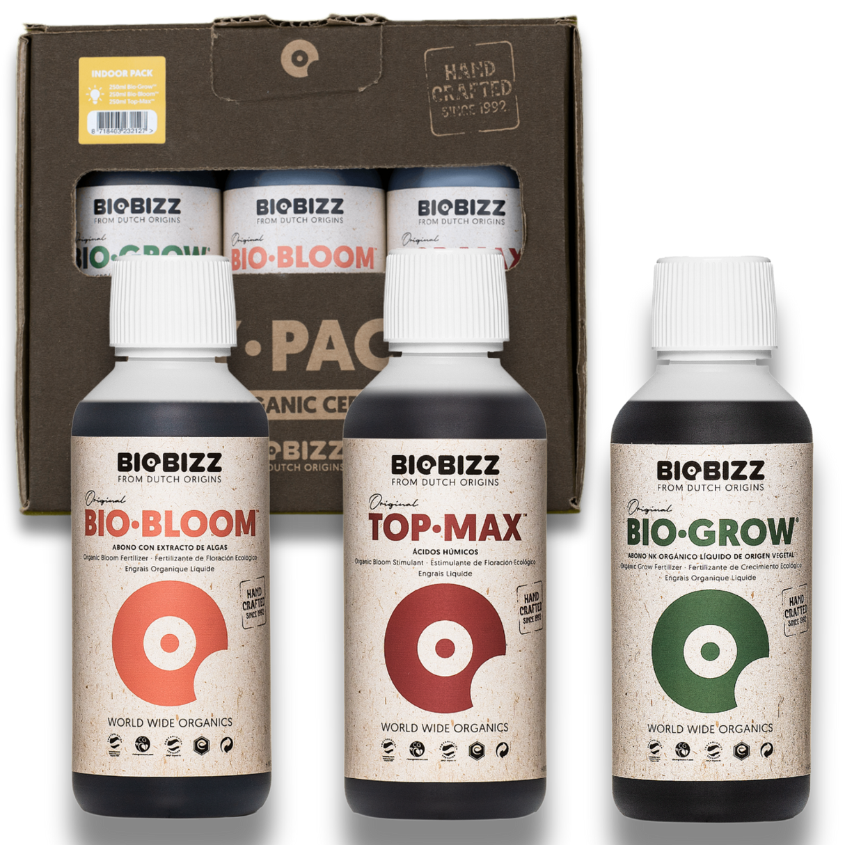 BioBizz Try-Pack Indoor mit Bio·Bloom, Top·Max und Bio·Grow 250 ml Flaschen im Set für organische Pflanzenpflege im Indoor-Anbau