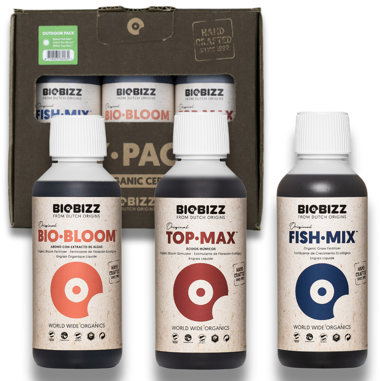 BioBizz Try-Pack Outdoor mit Fish·Mix, Bio·Bloom und Top·Max in 250 ml Flaschen für Wachstum und Blüte