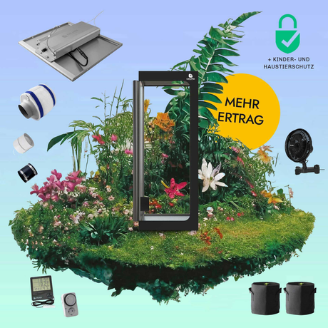 Caluma Growset S als visuelle Darstellung in Pflanzenlandschaft mit LED, Growbox, Ventilator, Filter und Zubehör – kindersicher, effizient und ertragsstark für Home-Growing.