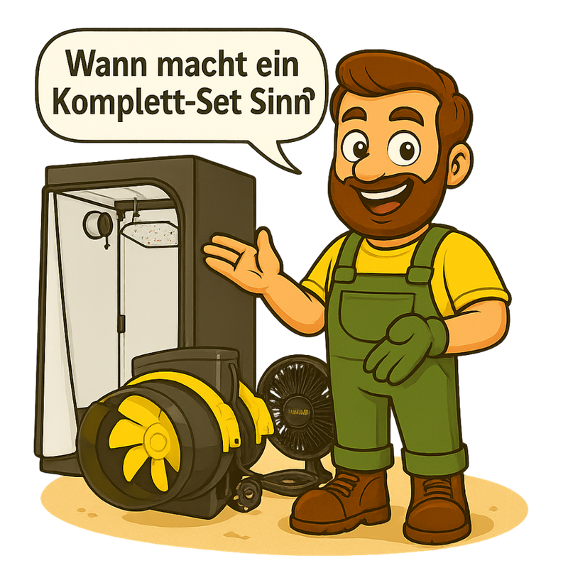 Gärtner Daniel steht vor einem vollständigen Growbox-Komplettset und zeigt mit einem Lächeln auf die Ausstattung. In einer Sprechblase über ihm steht die Frage: „Wann macht ein Komplett-Set Sinn?“