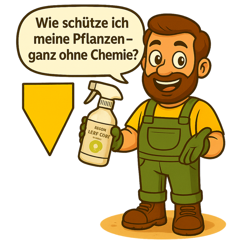 Gärtner Daniel steht auf einem sandfarbenen Boden und hält eine Leaf·Coat-Sprühflasche in der einen und einen Gelb-Sticker in der anderen Hand. In einer Sprechblase über ihm steht: „Wie schütze ich meine Pflanzen – ganz ohne Chemie?