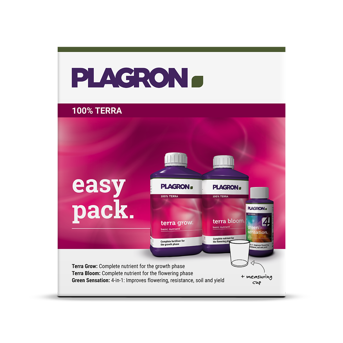 Plagron Easy Pack 100% Terra Starterset mit Terra Grow, Terra Bloom, Green Sensation und Messbecher