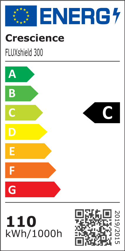 EU-Energielabel der FLUXshield 300 mit Energieeffizienzklasse c und Leistungsaufnahme von 110 Watt