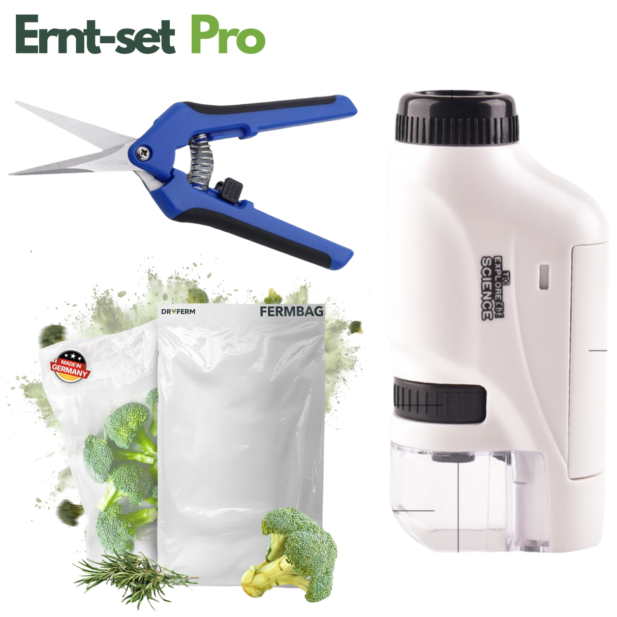 Ernteset Pro bestehend aus Ernteschere, Taschenmikroskop und 3 Trocknungsbeuteln – Komplettset zur Ernte und Trocknung von Pflanzen