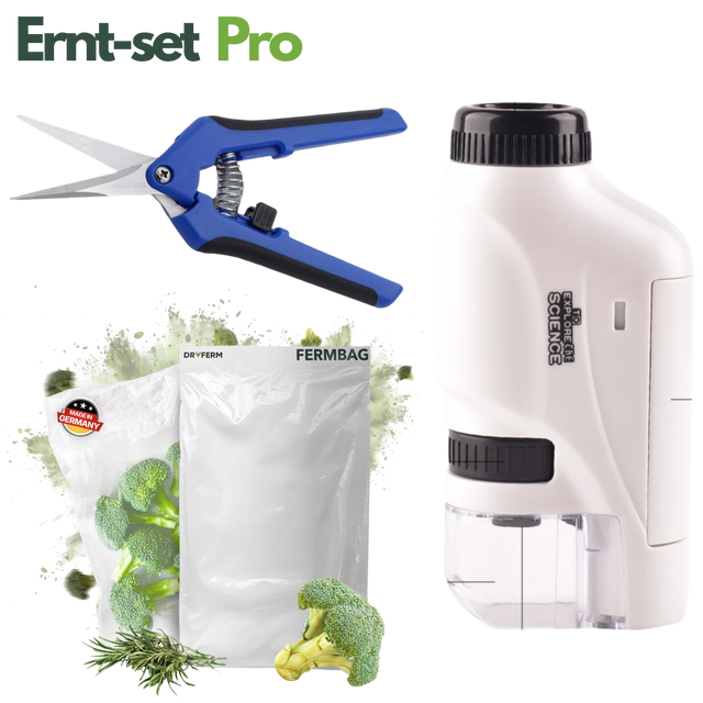 Ernteset Pro bestehend aus Ernteschere, Taschenmikroskop und 3 Trocknungsbeuteln – Komplettset zur Ernte und Trocknung von Pflanzen
