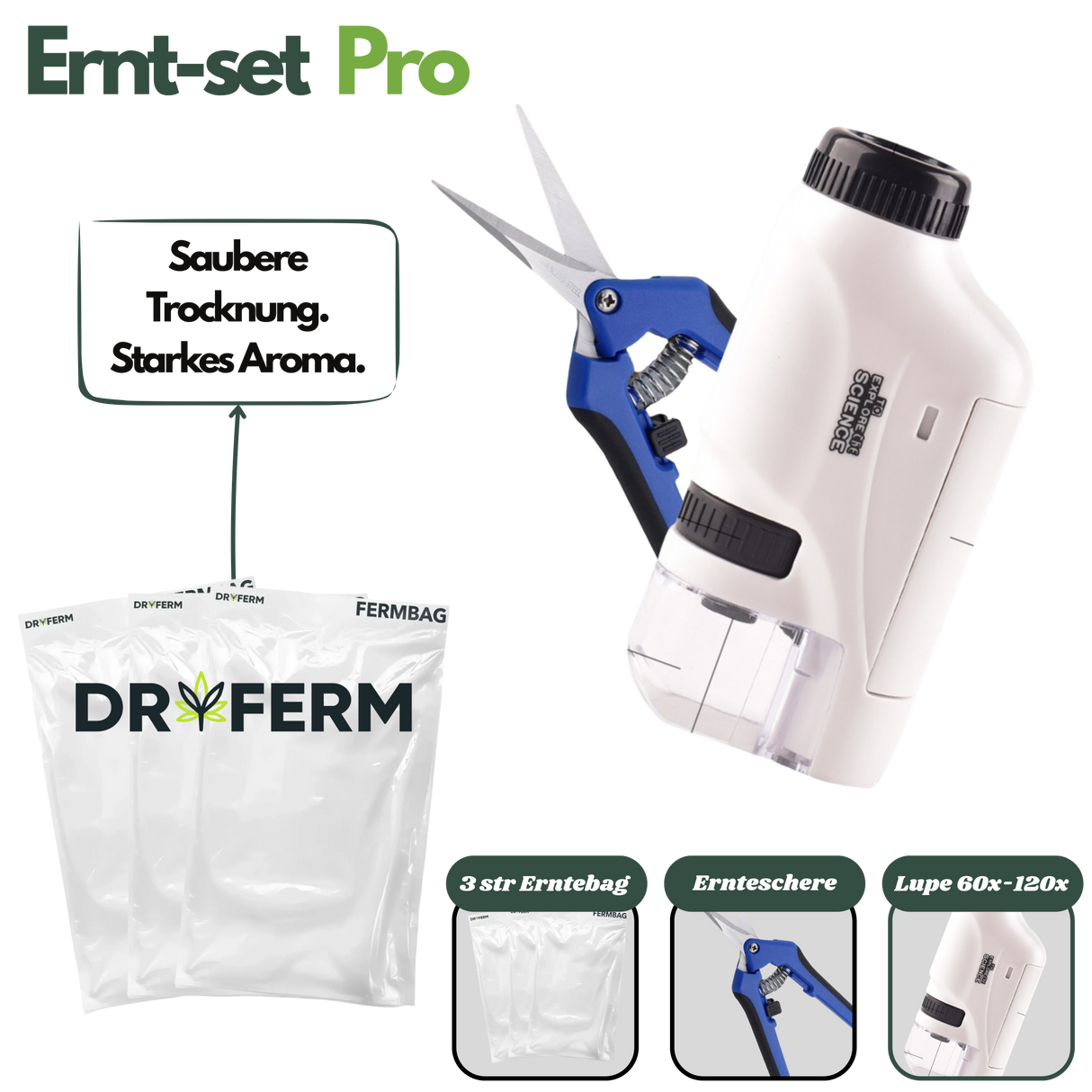 Ernteset Pro bestehend aus 3 Dryferm Erntebeuteln, Ernteschere und 60x–120x Lupe zur Blütenverarbeitung und Trocknung
