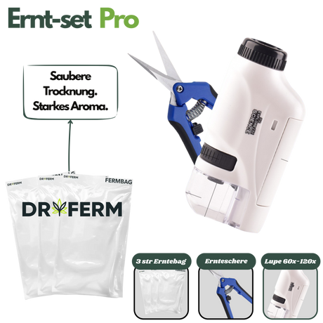 Ernteset Pro bestehend aus 3 Dryferm Erntebeuteln, Ernteschere und 60x–120x Lupe zur Blütenverarbeitung und Trocknung