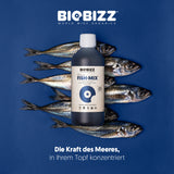 BioBizz Fish-Mix organischer Wachstumsdünger mit Fischmotiv auf blauem Hintergrund