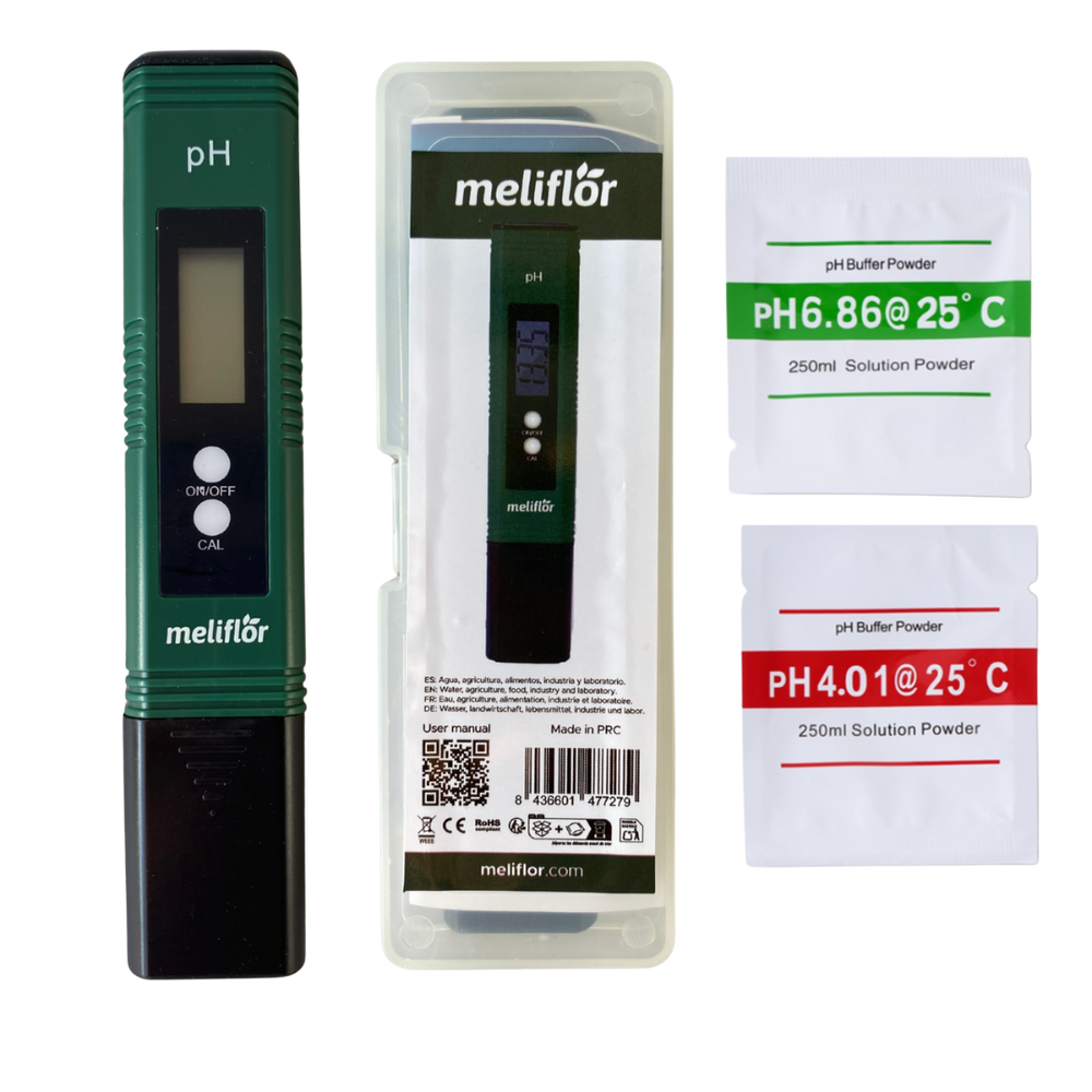 Meliflor pH-Messgerät mit LCD-Display im Set inkl. Kalibrierpulver und Aufbewahrungsbox
