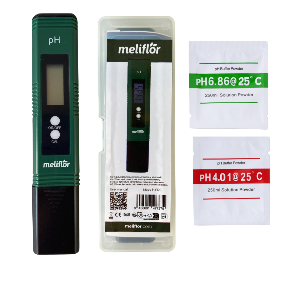 Meliflor pH-Messgerät mit LCD-Display im Set inkl. Kalibrierpulver und Aufbewahrungsbox