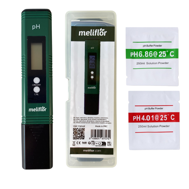 Meliflor pH-Messgerät mit LCD-Display im Set inkl. Kalibrierpulver und Aufbewahrungsbox