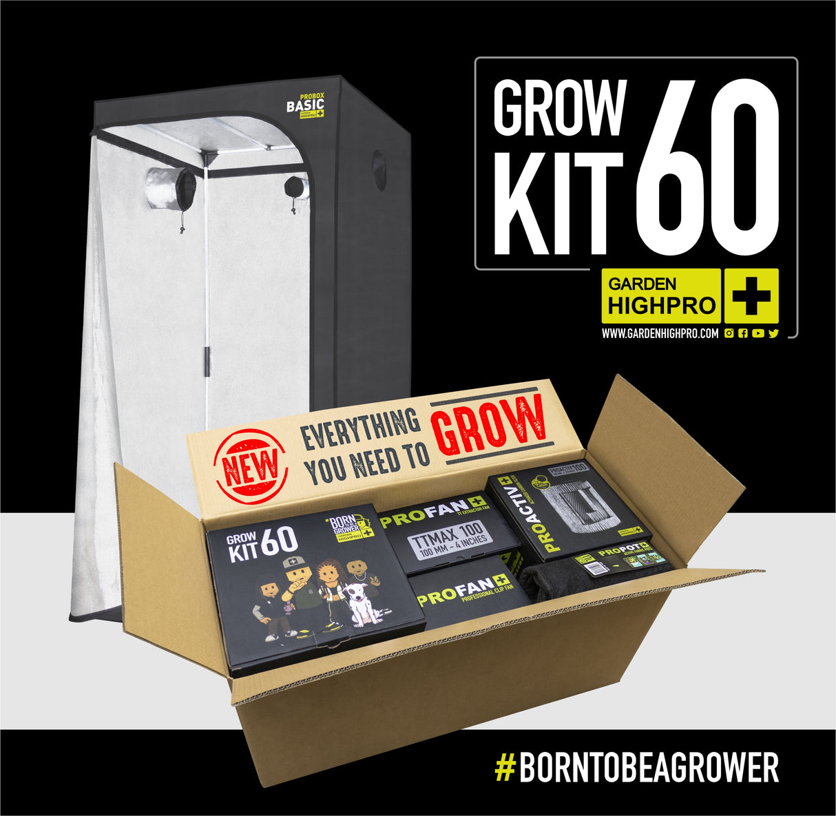 Growbox Komplettset 60x60x160 cm aufgebaut – Ansicht von vorne