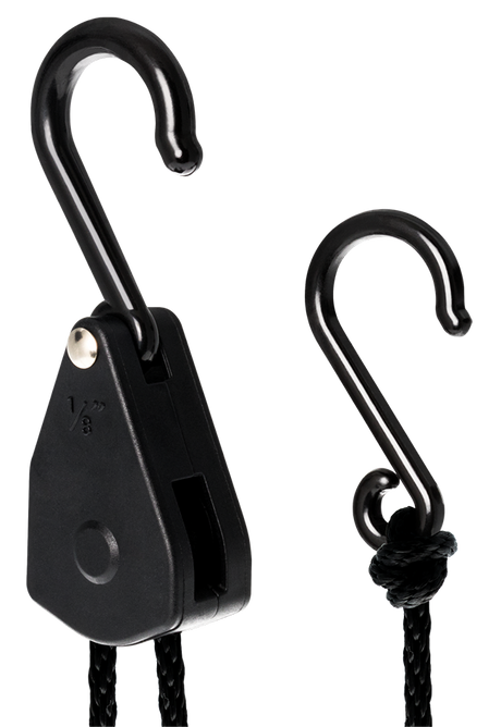 Detailansicht der stabilen Seilratsche zur sicheren Montage an Zeltstangen