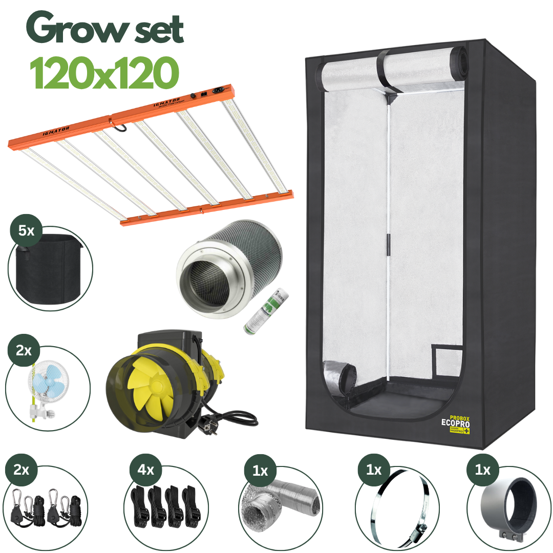 Komplettes Grow Set 120×120 cm mit Ignator LED, Growbox, Abluftsystem, Ventilatoren, Stofftöpfen und Zubehör – ideales Indoor-Komplettset für Einsteiger und Profis