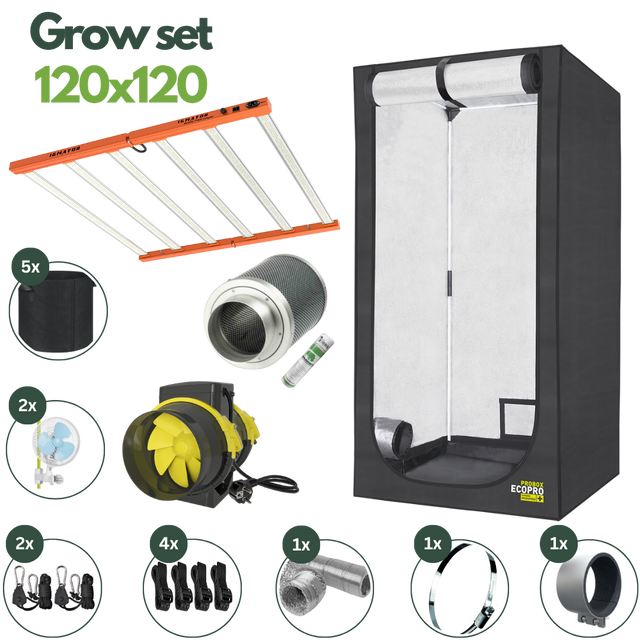Komplettes Grow Set 120×120 cm mit Ignator LED, Growbox, Abluftsystem, Ventilatoren, Stofftöpfen und Zubehör – ideales Indoor-Komplettset für Einsteiger und Profis
