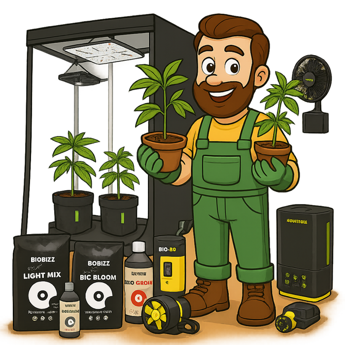 Gärtner Daniel zeigt die Bestandteile eines Growbox-Komplettsets: Box, Lampe, Lüfter, Zubehör – bereit zum Start.