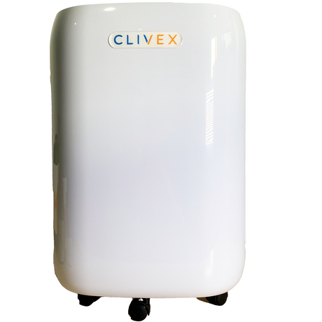 Clivex HomeDry 20L Luftentfeuchter mit Logo auf glänzender weißer Front und Rollen