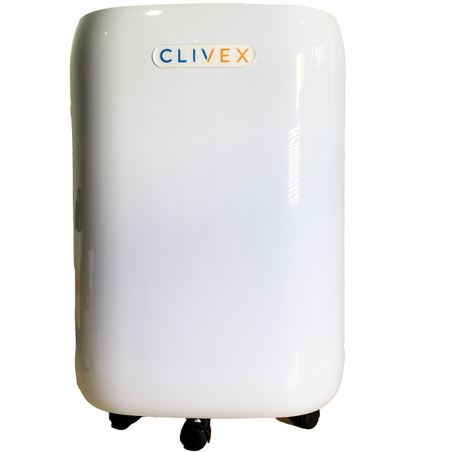 Clivex HomeDry 20L Luftentfeuchter mit Logo auf glänzender weißer Front und Rollen
