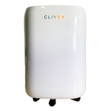 Clivex HomeDry 20L Luftentfeuchter mit Logo auf glänzender weißer Front und Rollen