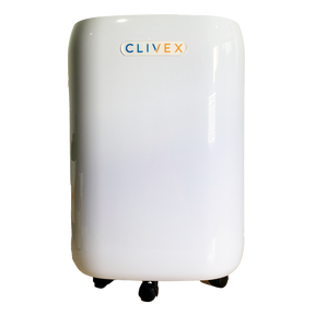 Clivex HomeDry 20L Luftentfeuchter mit Logo auf glänzender weißer Front und Rollen