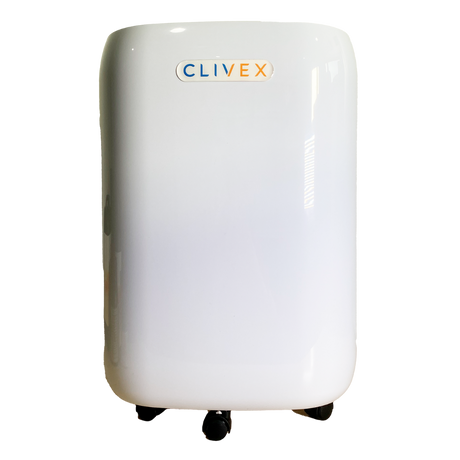 Clivex HomeDry 20L Luftentfeuchter mit Logo auf glänzender weißer Front und Rollen