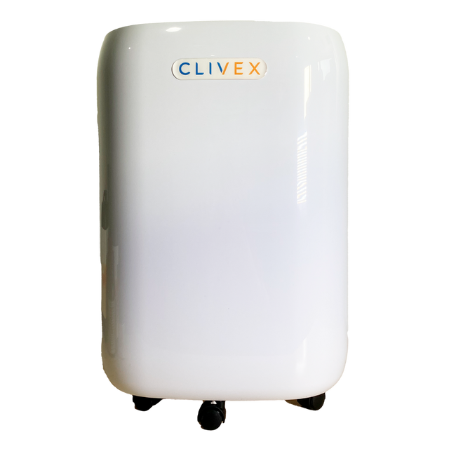 Clivex HomeDry 20L Luftentfeuchter mit Logo auf glänzender weißer Front und Rollen