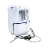Clivex HomeDry 20L Luftentfeuchter Rückansicht mit geöffnetem Wassertank und Ablaufschlauch