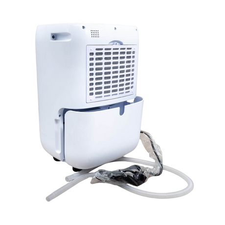 Clivex HomeDry 20L Luftentfeuchter Rückansicht mit geöffnetem Wassertank und Ablaufschlauch