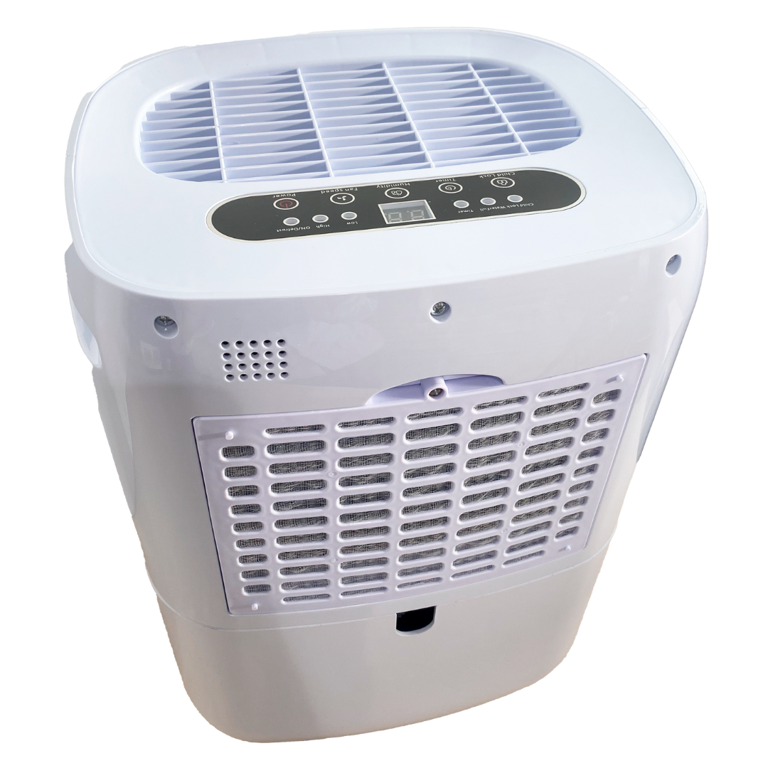 Rückansicht des Clivex HomeDry 20L mit Luftfilter und Wasserablauföffnung